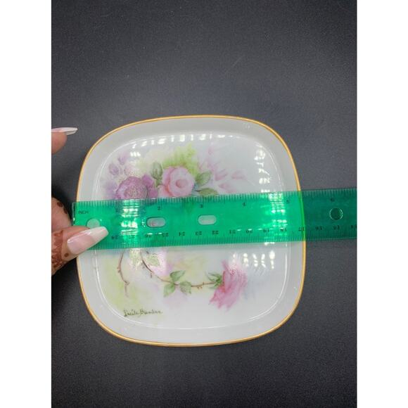 Vintage Hand-Painted Floral Trinket Dish by Lucile Bunker, Gold Trim - Picture 4 of 4